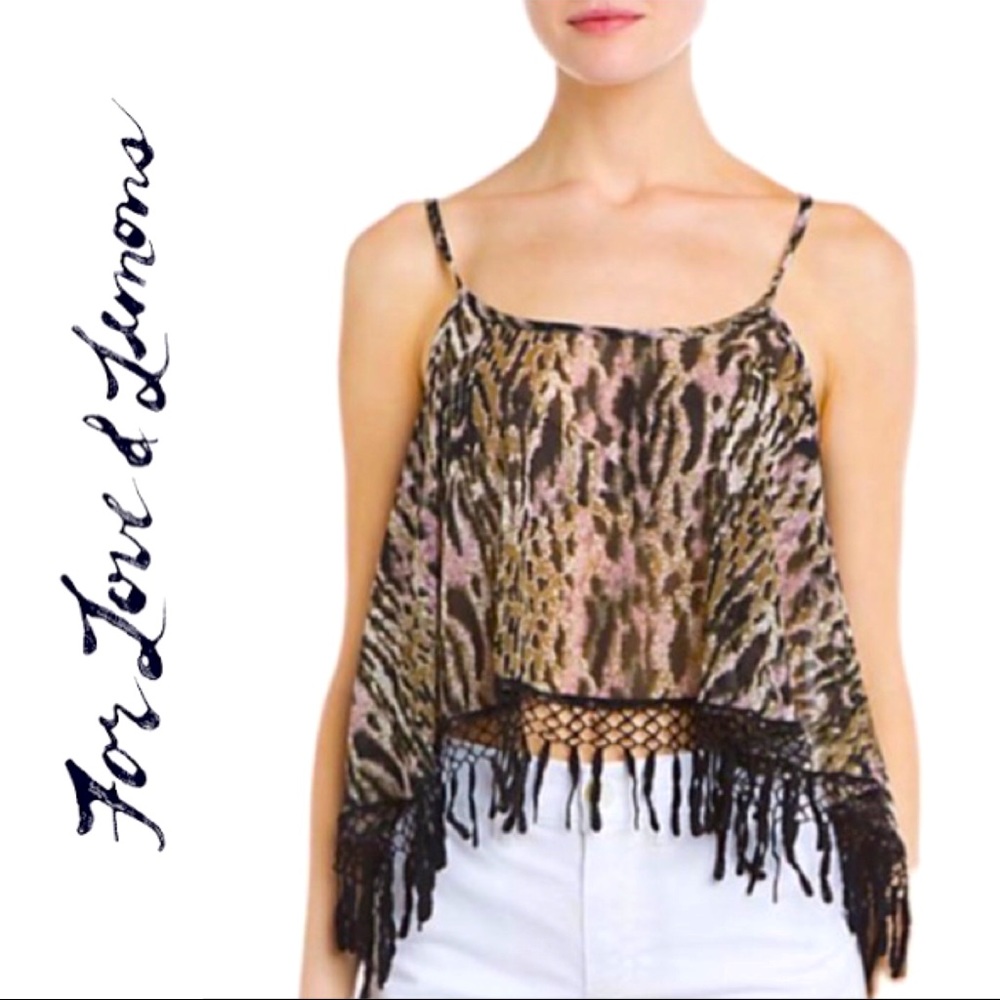 NWT $135~FOR LOVE & LEMONS~Shake It Dusty Leopard Fringe Camisole Tank Top~XS/S